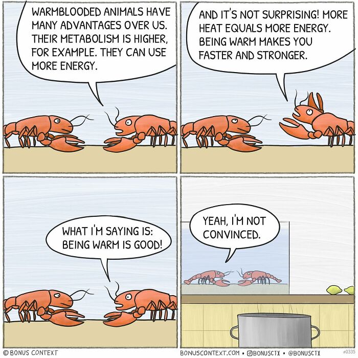 Philosophical comic with lobsters debating warmth and energy, reflecting on life’s deeper meanings in a humorous way.