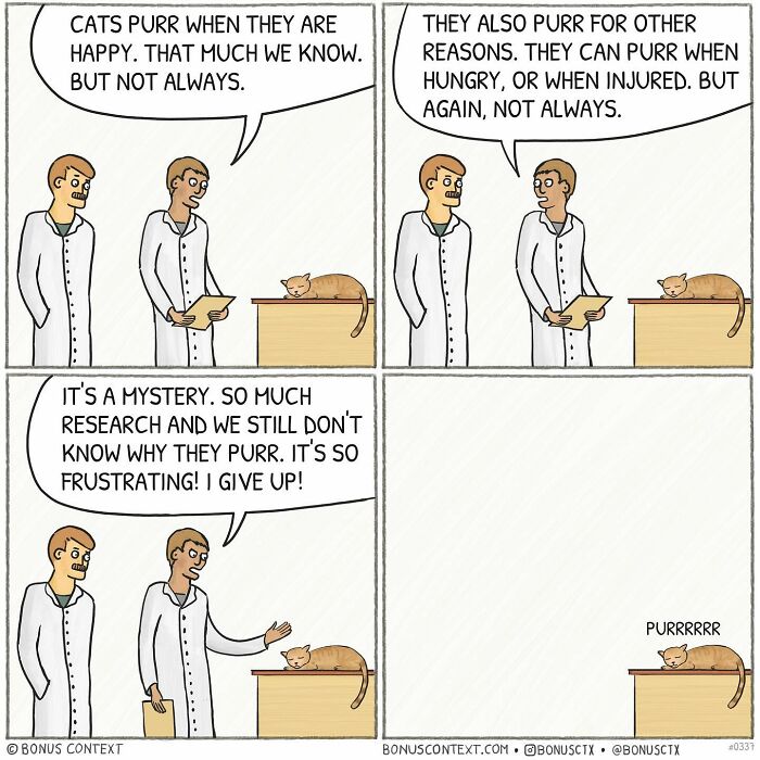 Philosophical comic showing two men discussing the mystery of why cats purr in different situations.