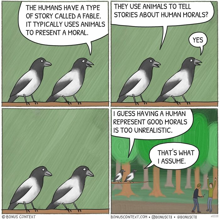 Philosophical comic with birds discussing how animals represent human morals in fables, prompting a different view on life.