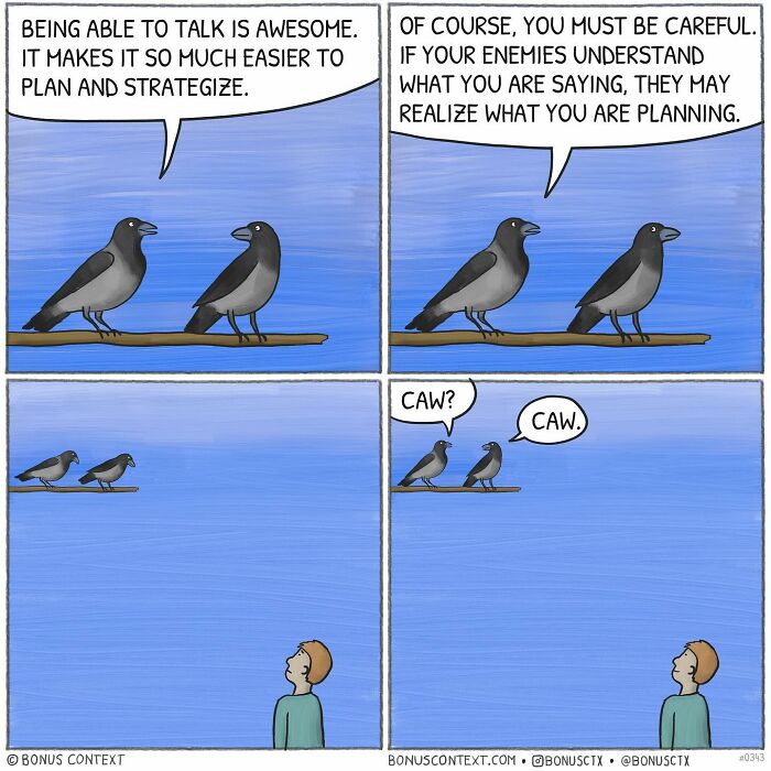 Comic featuring two crows discussing strategy and communication, illustrating philosophical comics by the artist.
