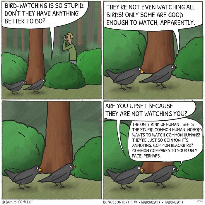 Comic strip with philosophical commentary on bird-watching, created by an artist known for thoughtful comics about life.