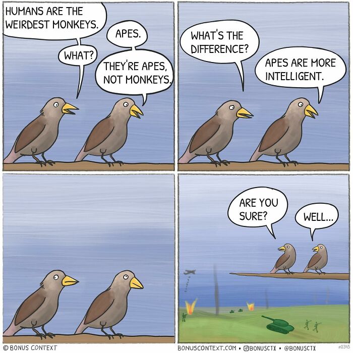 Two birds in a philosophical comic debating intelligence, illustrating artist’s thought-provoking comic style on life.