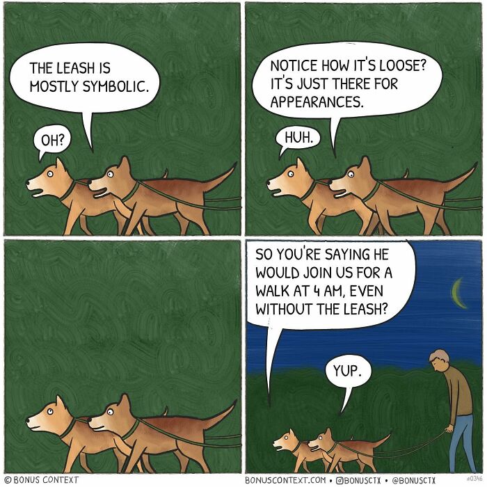 Philosophical comics showing dogs discussing the symbolic meaning of a leash during a nighttime walk.