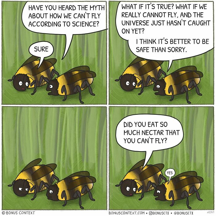 Philosophical comic featuring bees questioning the science of flying, created by an artist exploring life perspectives.