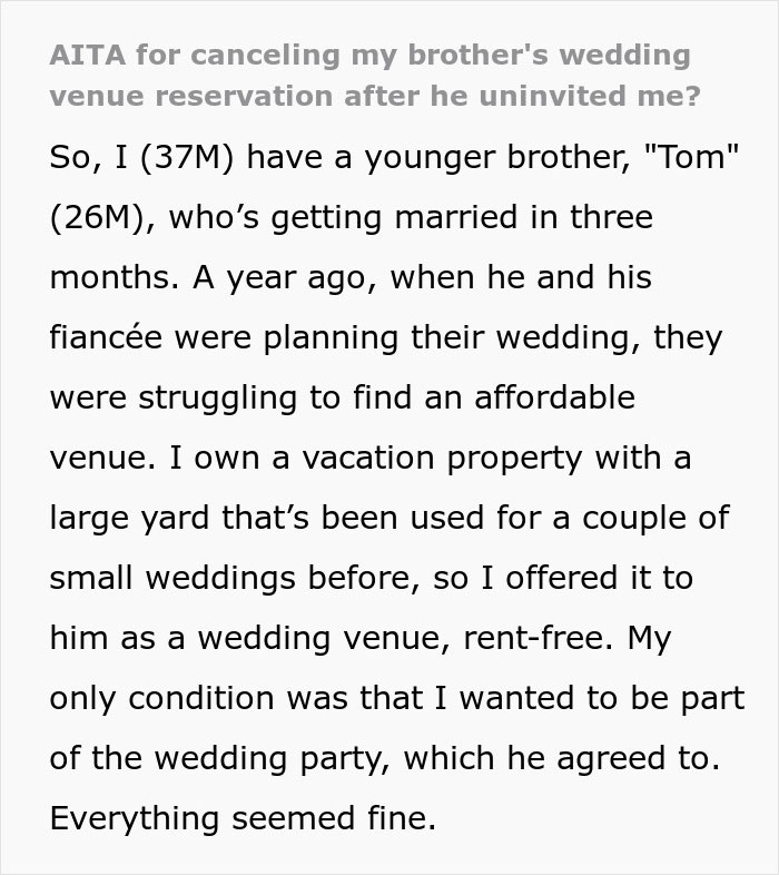 Brother Is Uninvited From Wedding For Being An "Addict", He Then Cancels Free Venue In Response