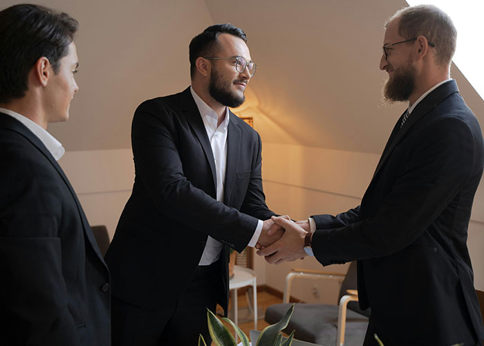 Three men in suits shaking hands in a professional setting, representing adult problems people wish someone warned them about.
