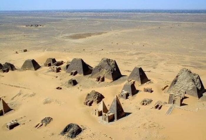 Ancient marvels: aerial view of Nubian pyramids in desert landscape, showcasing historical architectural wonders.
