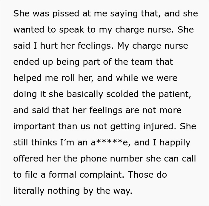 Text describing a nurse discussing a situation with an obese patient, highlighting emotional dynamics and professional conduct.