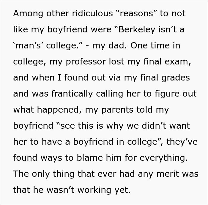 Text detailing parents giving daughter ultimatum about choosing between them or her boyfriend. Text detailing parents giving daughter ultimatum about choosing between them or her boyfriend.