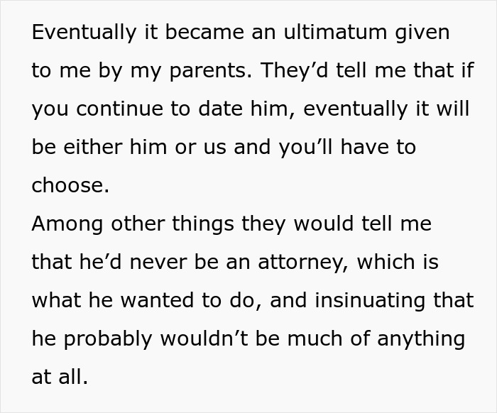 Text about parental ultimatum to daughter, involving choice between them or her boyfriend. Text about parental ultimatum to daughter, involving choice between them or her boyfriend.