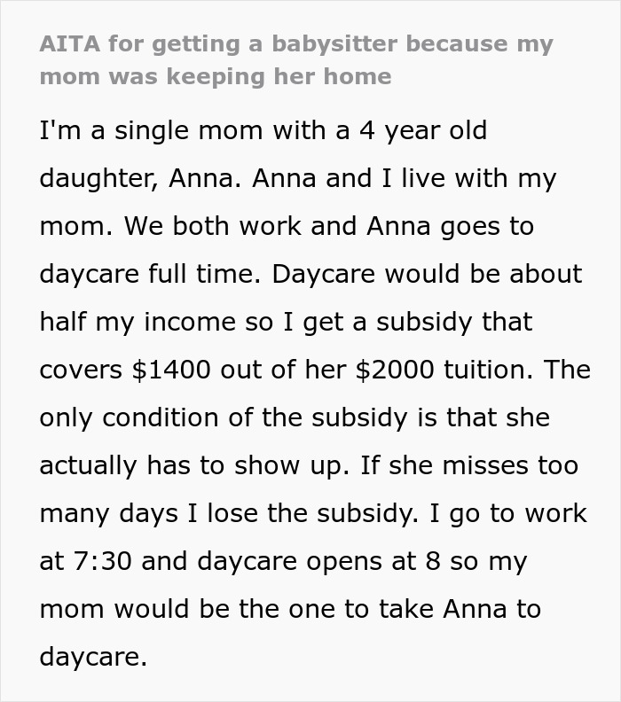 Mom Forced To Hire Babysitter As Grandma Jealous Of Teacher Stopped Sending Kid To Daycare