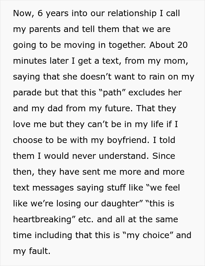 Text describing a daughter's choice between parents and boyfriend, highlighting emotional conflict and family tension. Text describing a daughter's choice between parents and boyfriend, highlighting emotional conflict and family tension.