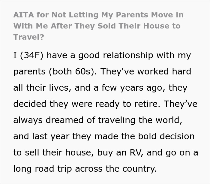 Woman Refuses To Take In Her Parents After They Regretted Pursuing Their Dream, Is Called Selfish