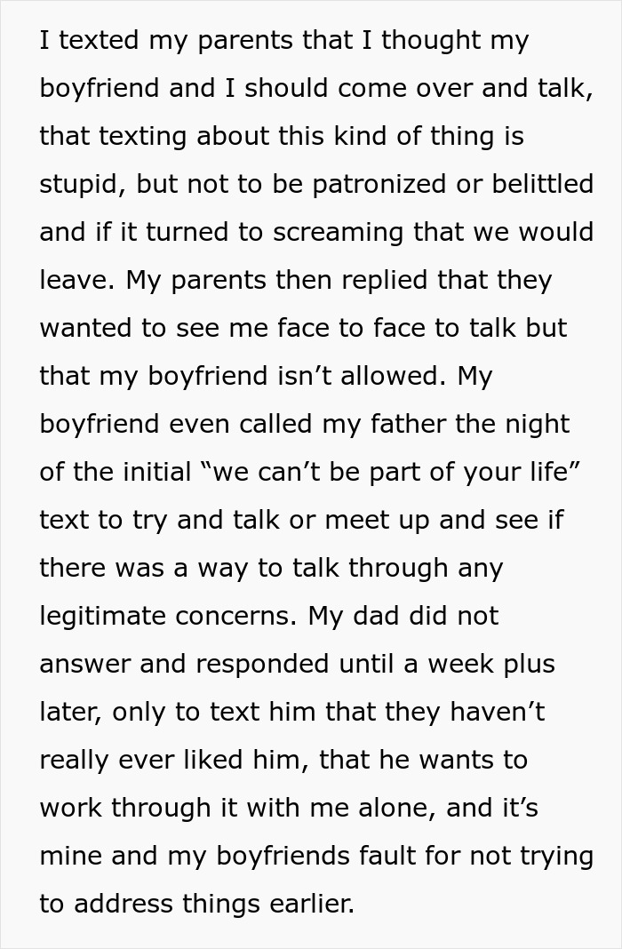Text conversation about a daughter choosing between her parents and boyfriend due to a relationship ultimatum. Text conversation about a daughter choosing between her parents and boyfriend due to a relationship ultimatum.
