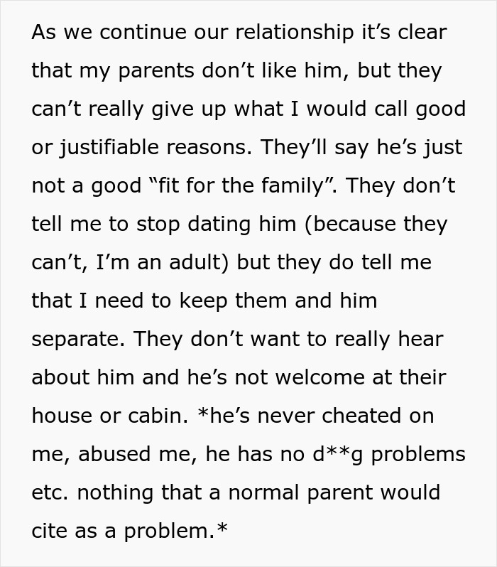 Text discussing parents' ultimatum about daughter's boyfriend, questioning their valid reasons for disapproval. Text discussing parents' ultimatum about daughter's boyfriend, questioning their valid reasons for disapproval.
