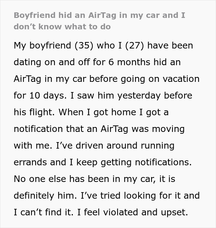 BF Says He Wants To Be Certain That His GF Is "Solid", Decides To Hide AirTag In Her Car BF Says He Wants To Be Certain That His GF Is "Solid", Decides To Hide AirTag In Her Car