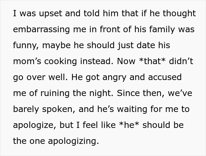 BF Keeps Mocking GF&rsquo;s Cooking In Front Of His Family, Gets Mad When She Jokes On Him In Response