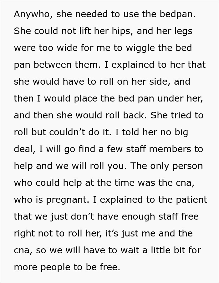 Text description about a nurse assisting an obese patient with bedpan use.