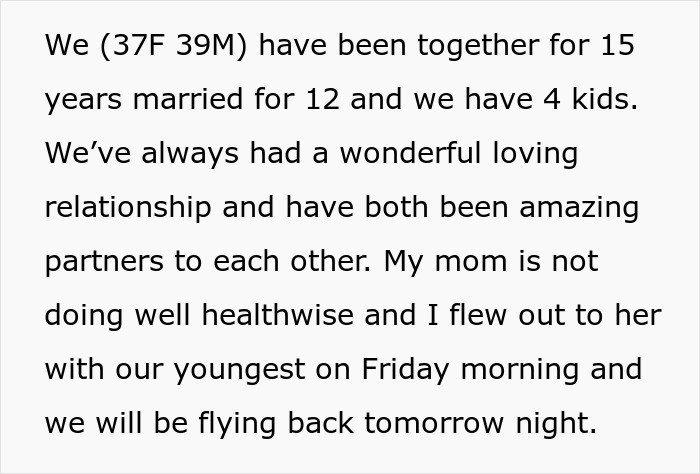 Text discussing a couple together for 15 years, addressing health concerns of the wife's mother. Text discussing a couple together for 15 years, addressing health concerns of the wife's mother.