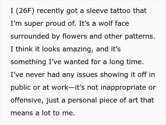 Text about a woman's pride in her sleeve tattoo featuring a wolf and flowers.