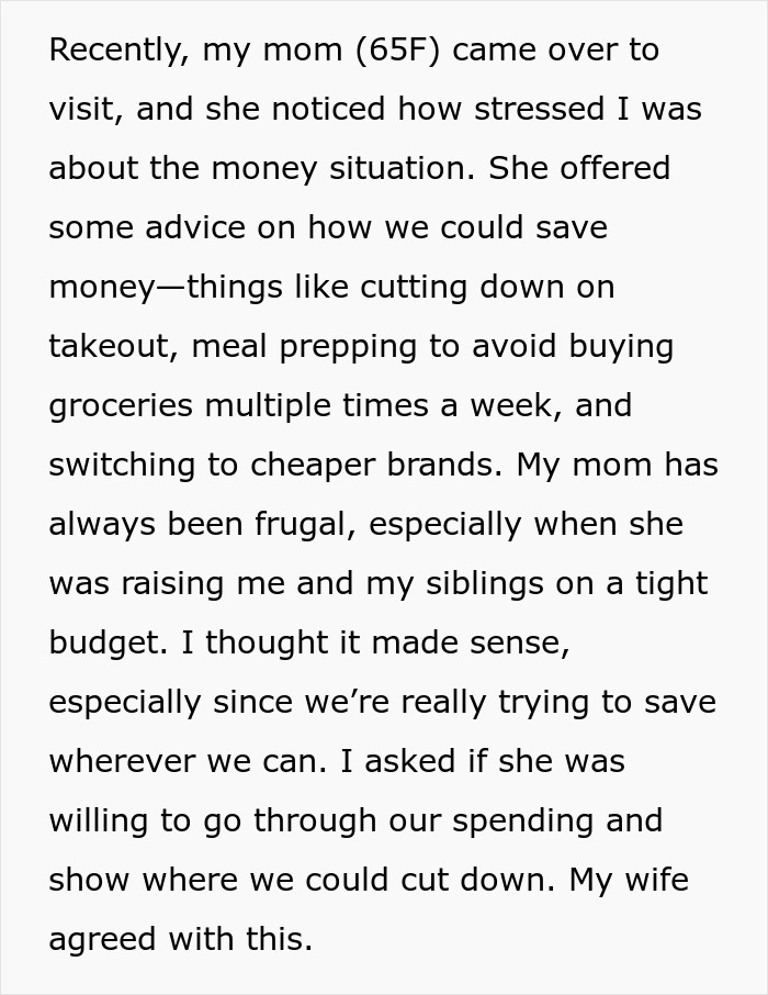 Text discussing financial advice from mom on saving money by cutting expenses and meal prepping.