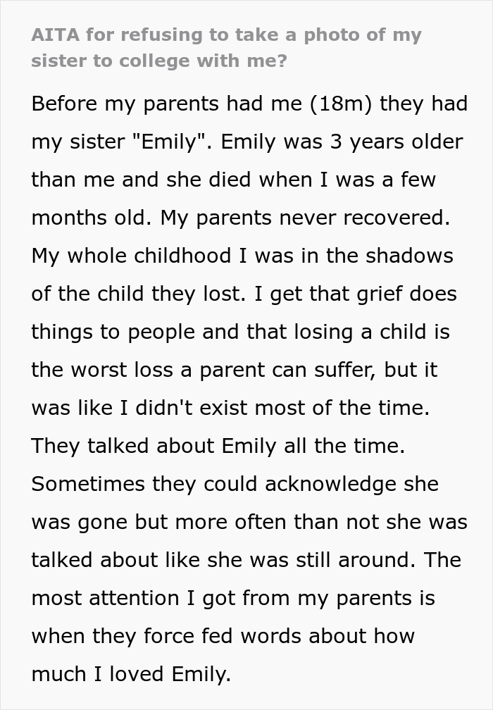 Parents Want 18YO To Forever Grieve Sister He Never Knew, Enraged He Won't Take Her Pic To Dorm Parents Want 18YO To Forever Grieve Sister He Never Knew, Enraged He Won't Take Her Pic To Dorm