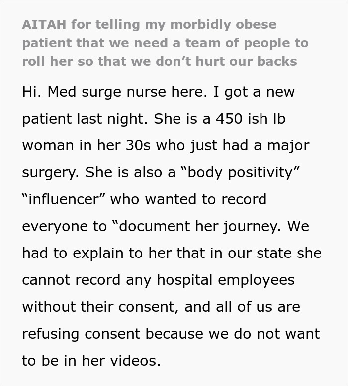 Text post discussing a nurse's experience with an obese patient influencer seeking to document her hospital journey.