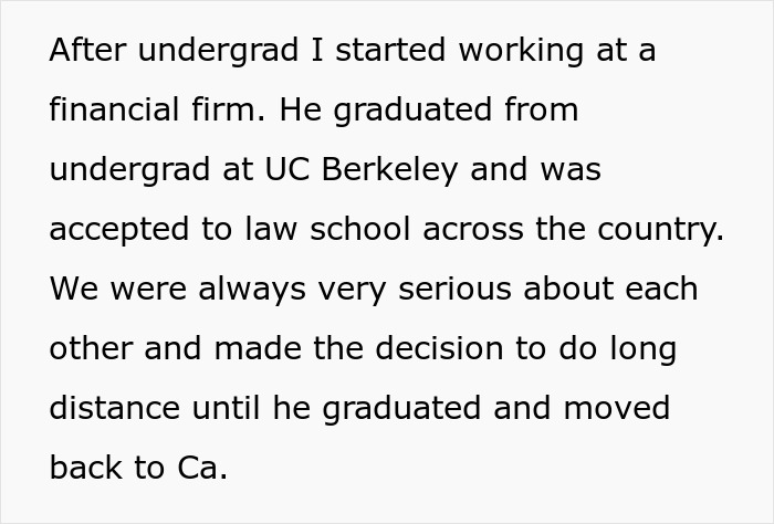 Text detailing a couple's decision to maintain a long-distance relationship during law school. Text detailing a couple's decision to maintain a long-distance relationship during law school.