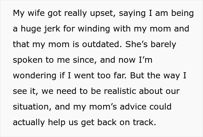 Text about siding with mom over wife on financial decisions, causing conflict.