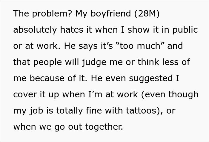 Text discussing a girlfriend considering removing her sleeve tattoo after her boyfriend urges her to cover it up.