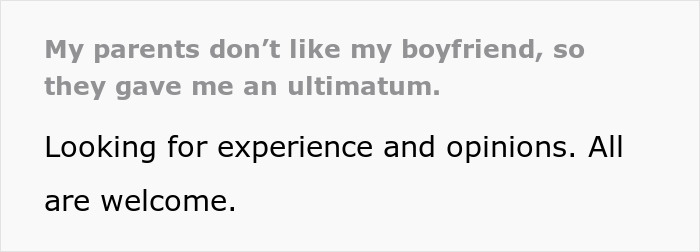 Text discussing parents giving a daughter an ultimatum about choosing between them or her boyfriend. Text discussing parents giving a daughter an ultimatum about choosing between them or her boyfriend.