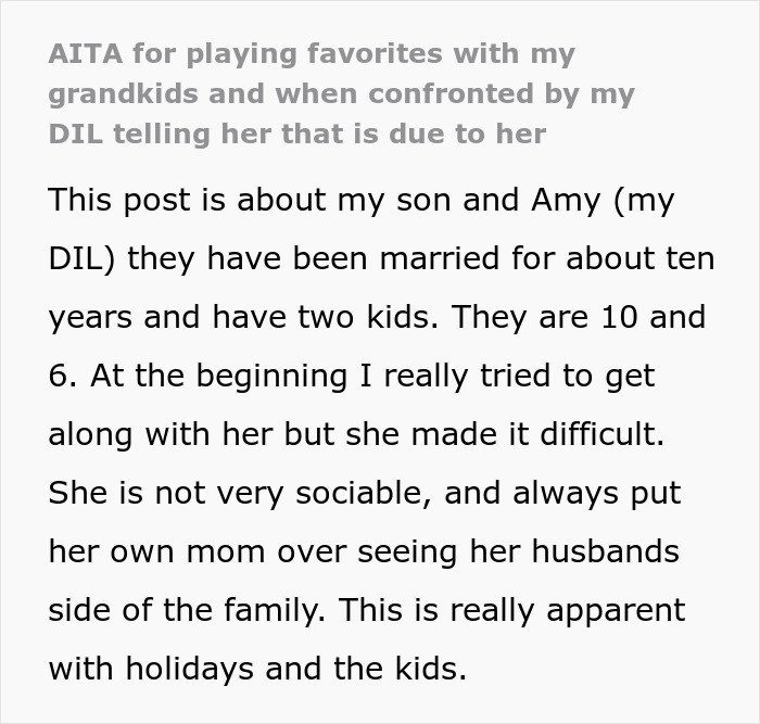 Text about favorites with grandkids, relationships, and family dynamics involving a daughter-in-law.