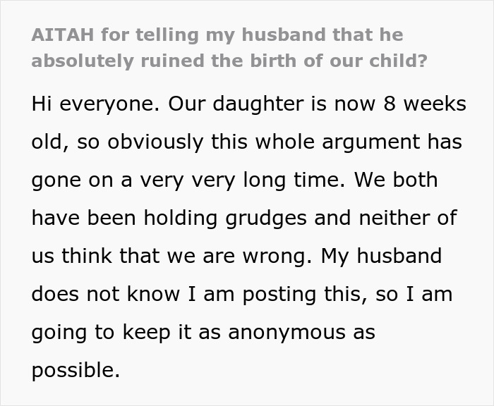 &ldquo;[Am I The Jerk] For Telling My Husband That He Absolutely Ruined The Birth Of Our Child?&rdquo;