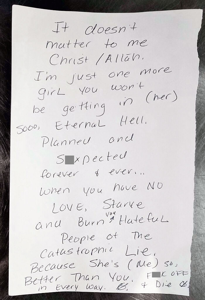 Actual Note Left By A Customer At My Restaurant Today When We Wouldn't Give Her A Free Meal