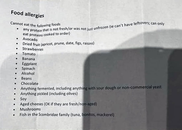 Customer Came Into The Restaurant And Gave The Waiters This Allergy List. The First One Isn't Even An Allergy. It's Just Pickiness