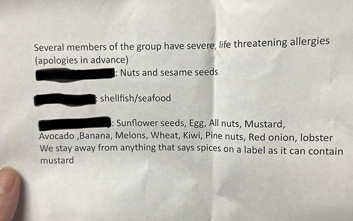 The List Of Allergies A Table Handed Us On New Year's Eve. The Set Menu Was Surf & Turf