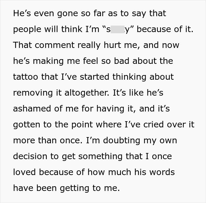 Text discussing a girlfriend considering removing a sleeve tattoo due to her boyfriend&rsquo;s negative comments.