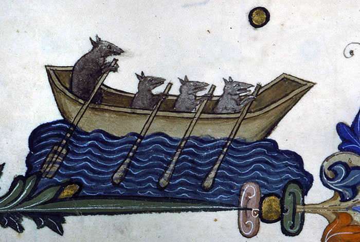 Four Rats Rowing A Little Boat In The 14th Century France