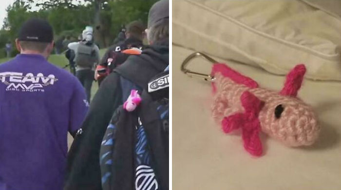 My Daughter Crocheted An Axolotl Bag-Tag For Her Favorite Pro Disc Golfer And It Showed Up On Coverage!