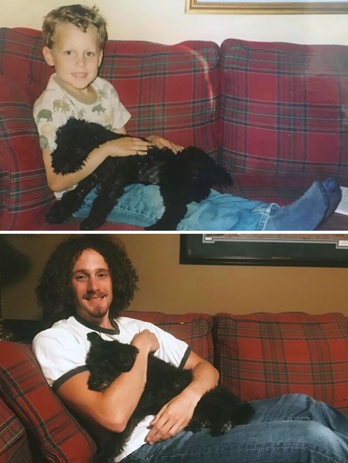 Same Boy, Same Dog, Same Couch. 16 Years Apart