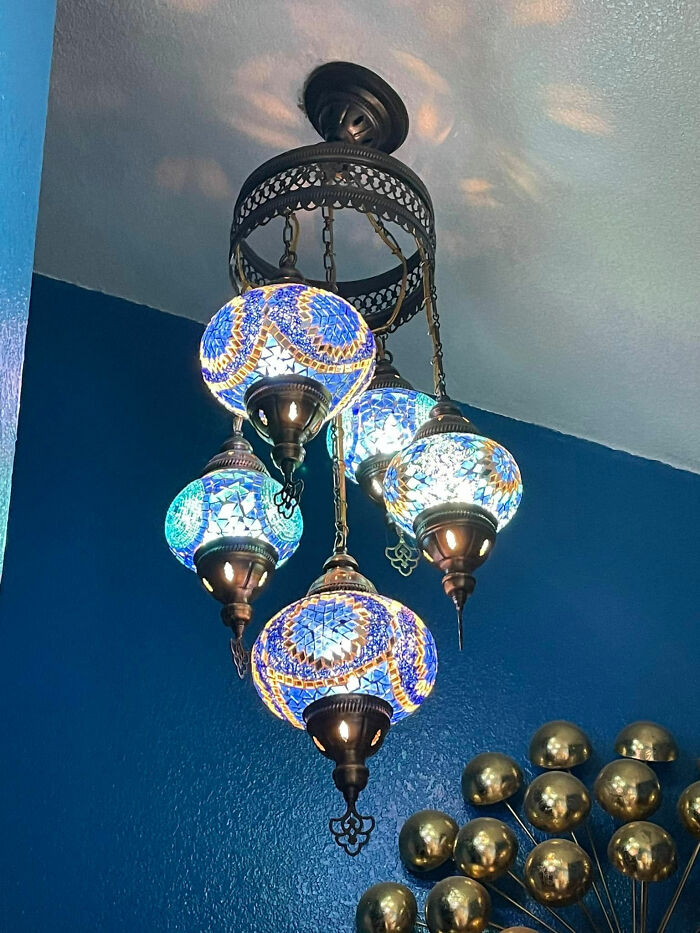 Lamp I Found At An Antique Store, Loved It So Much I Had It Repurposed And Hung It From The Ceiling In My Bathroom. $120 Well Spent!