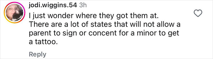 Instagram comment criticizing a tattoo decision involving a teen. Instagram comment criticizing a tattoo decision involving a teen.