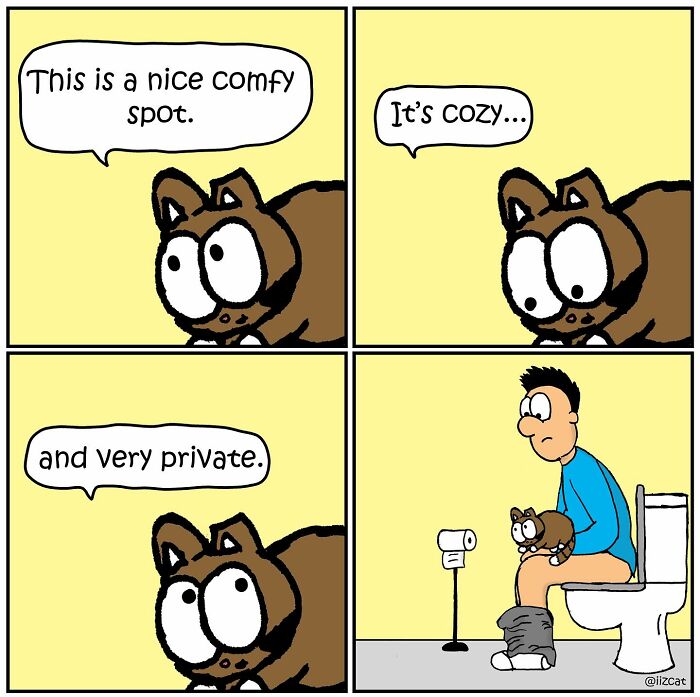 Comic illustration of a cat finding a cozy, private spot on a person's lap while they sit on a toilet.