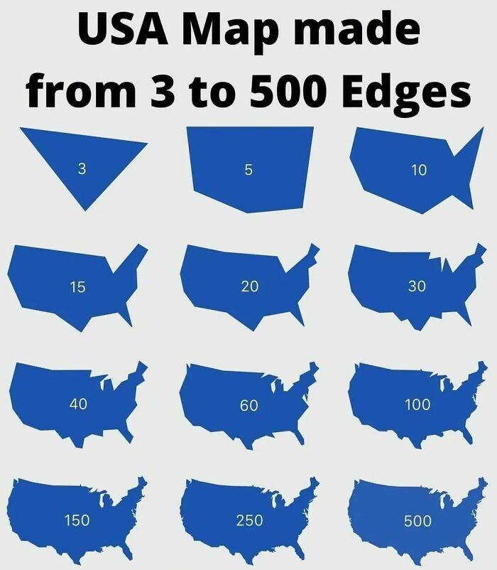 USA map shapes evolving from 3 to 500 edges illustrating interesting facts about the world using unconventional maps.