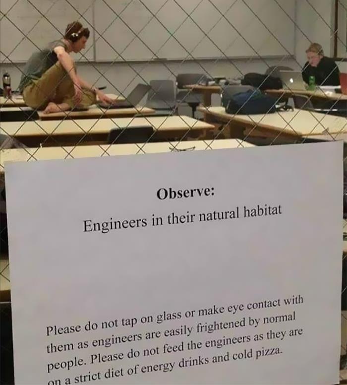 Humorous sign about engineers in their natural habitat, highlighting science memes about engineers and their habits.