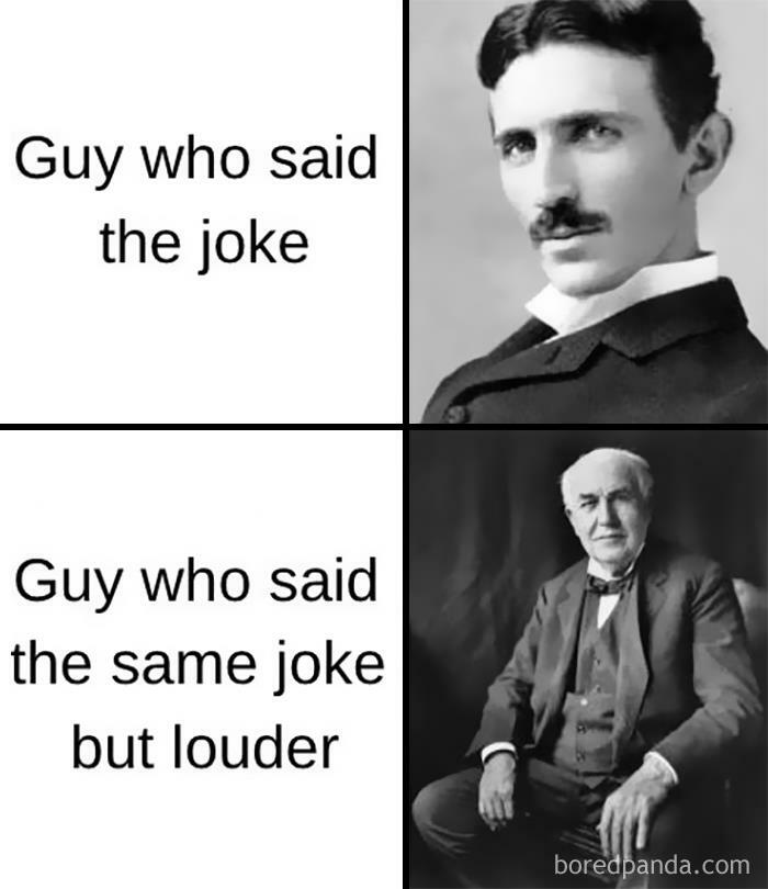 Black and white meme showing two men with captions about saying a joke, related to hilarious science memes.