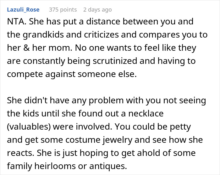 Text discussing family dynamics and reactions related to favorites grandkids necklace relationship.