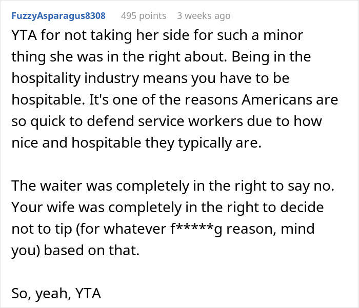 Man Calls Out Wife For Not Tipping A Server After She Denied Her Request, Gets A Reality Check Man Calls Out Wife For Not Tipping A Server After She Denied Her Request, Gets A Reality Check