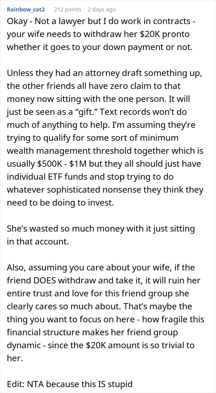 “Your Friend Fund Is Stupid”: Man Asks Wife To Break A Promise To Friends, Wonders If He’s A Jerk “Your Friend Fund Is Stupid”: Man Asks Wife To Break A Promise To Friends, Wonders If He’s A Jerk