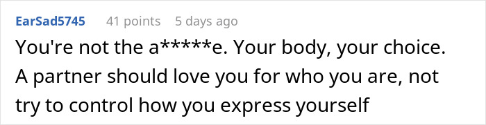 Comment supporting a woman's sleeve tattoo, emphasizing personal choice and self-expression in relationships.